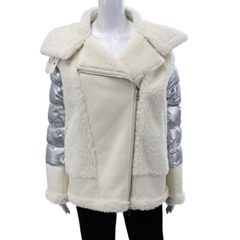 Jocelyn Womens Biker Jacket Ivory Zip Long Sleeve Polyester Metallic Size M